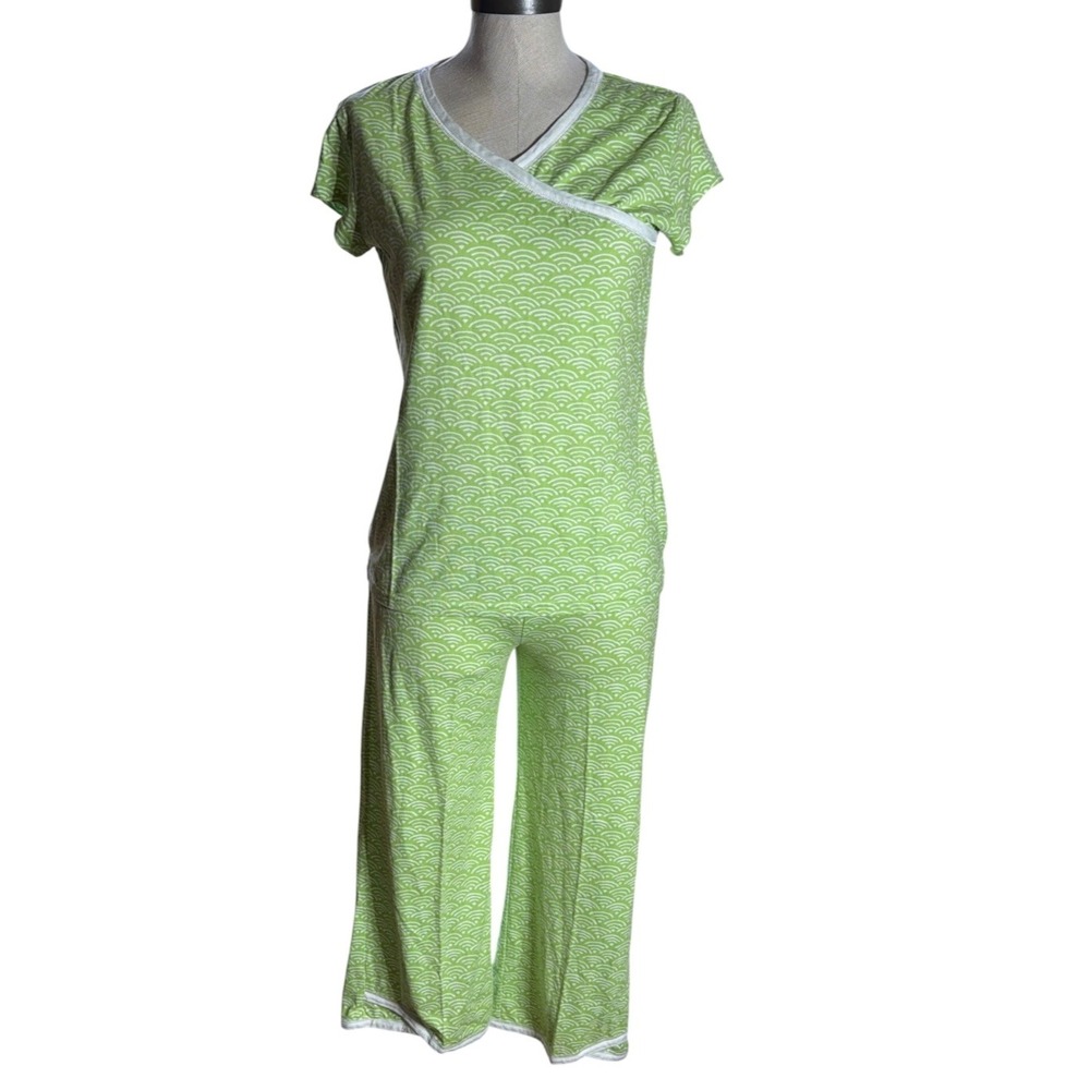 Garnet Hill Green Cotton Pajama Set XS Lime Green Wave Print Short Sleeve 41200